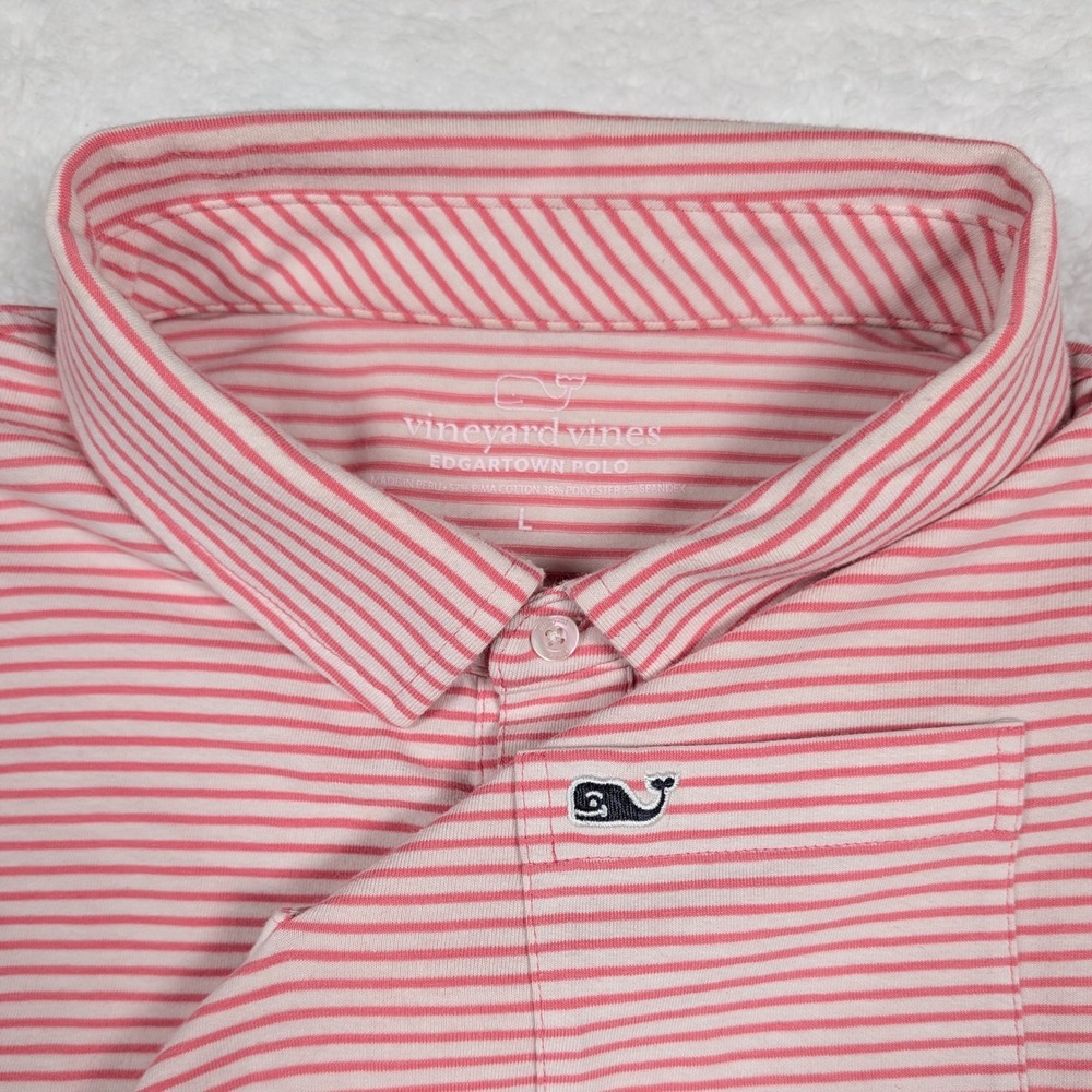 Vineyard Vines Edgartown Polo Mens Large Pink White Striped Pima Cotton Stretch